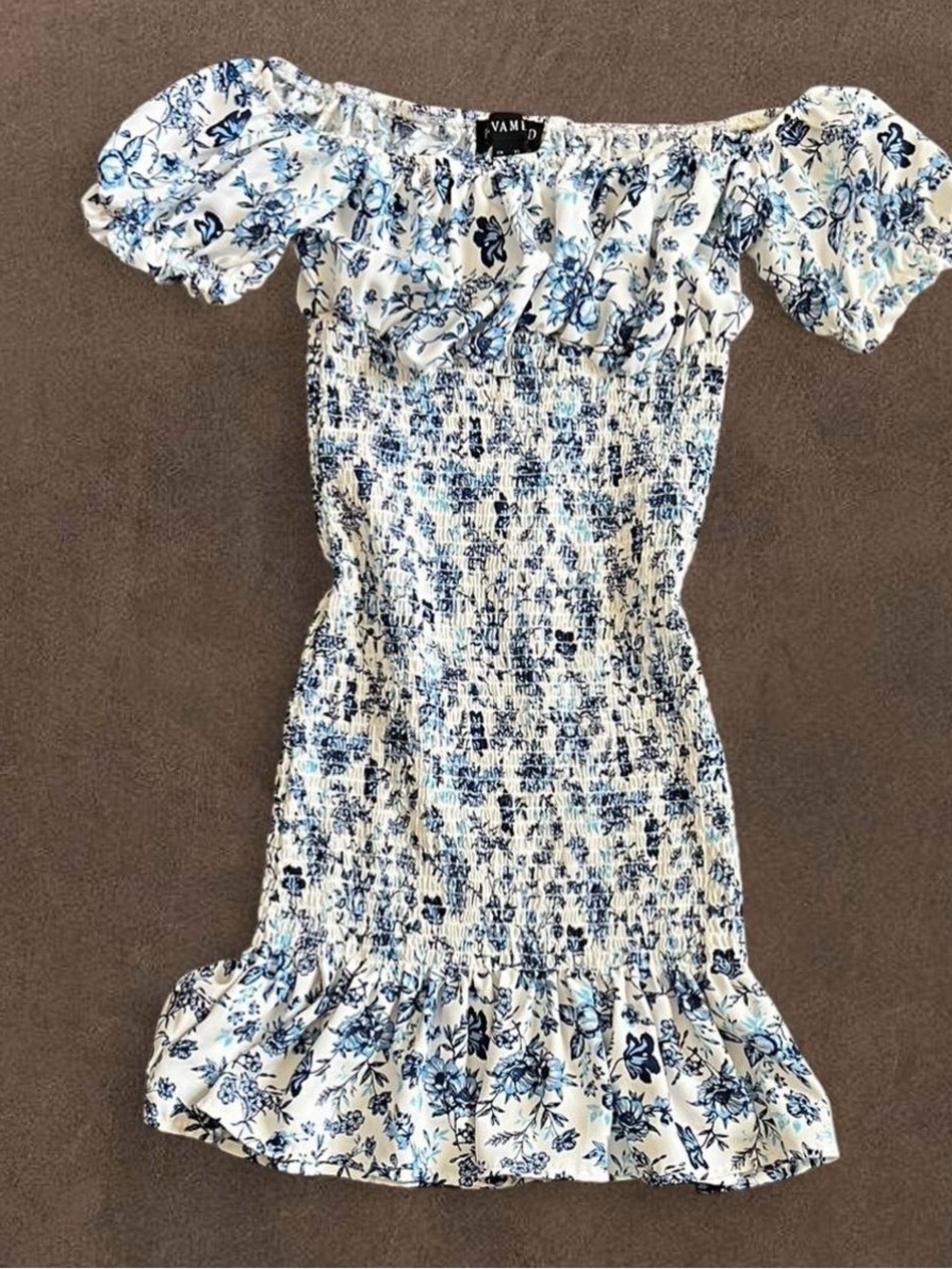 Revamped White Off-Shoulder Top with Blue Floral Print